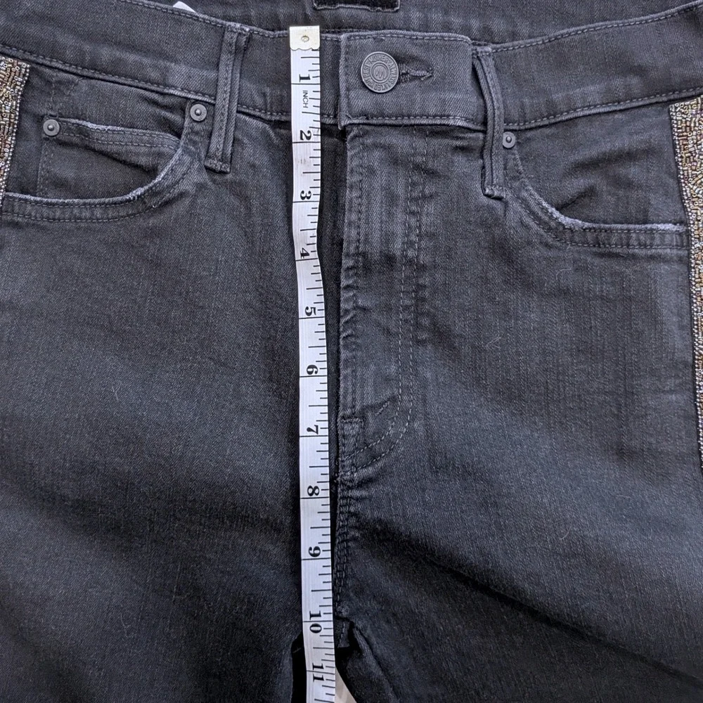 $238 MOTHER Rascal Ankle Fray Blk Beaded Stripe Raw Hem Jeans 28 HiRise Straight